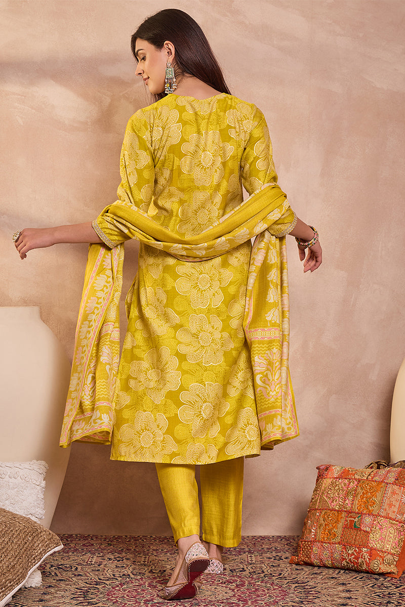 yellow floral printed straight kurta trouser with dupatta 