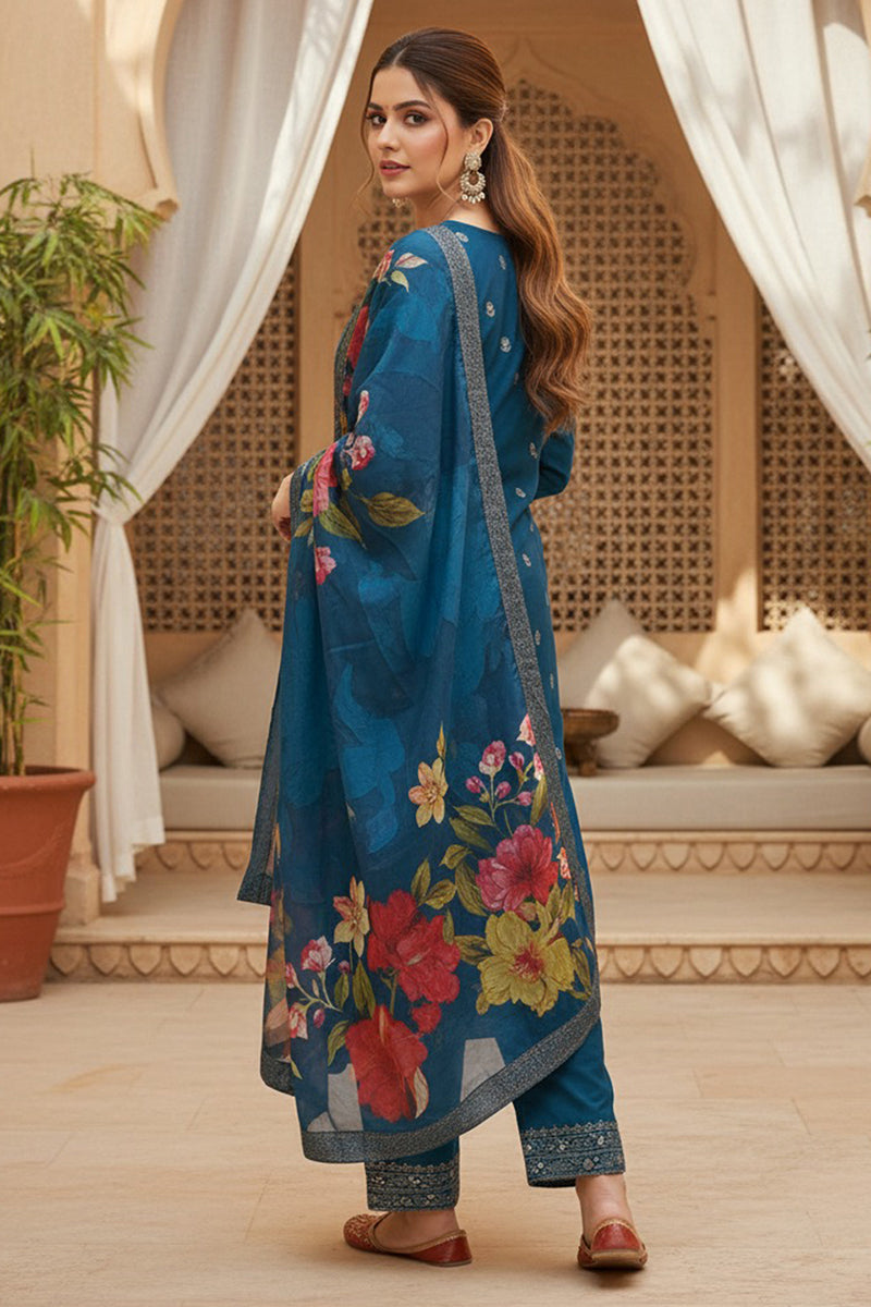 blue silk blend ethnic motifs stoning straight kurta trouser with dupatta