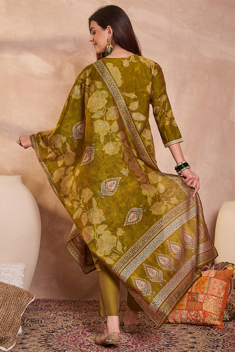 green silk blend floral printed straight kurta trouser with dupatta