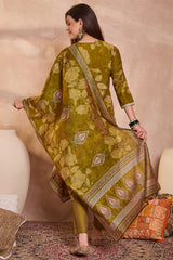 green silk blend floral printed straight kurta trouser with dupatta