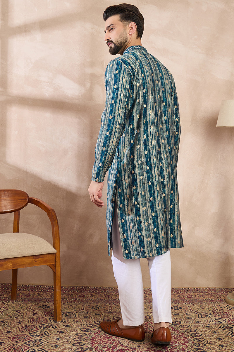 Turquoise Blue Silk Blend Abstract Printed Straight Kurta MKU2005