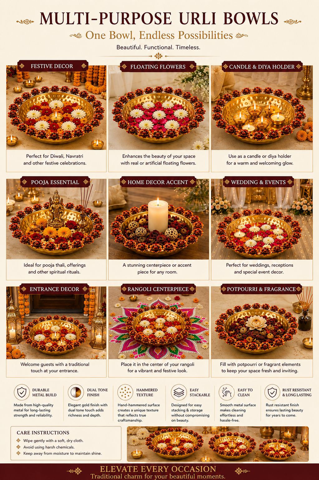 premium decorative urli bowl set of 3 with rose rim design hammered metal floating flower bowls for water candles tea lights diwali pooja wedding festival home decor centerpiece