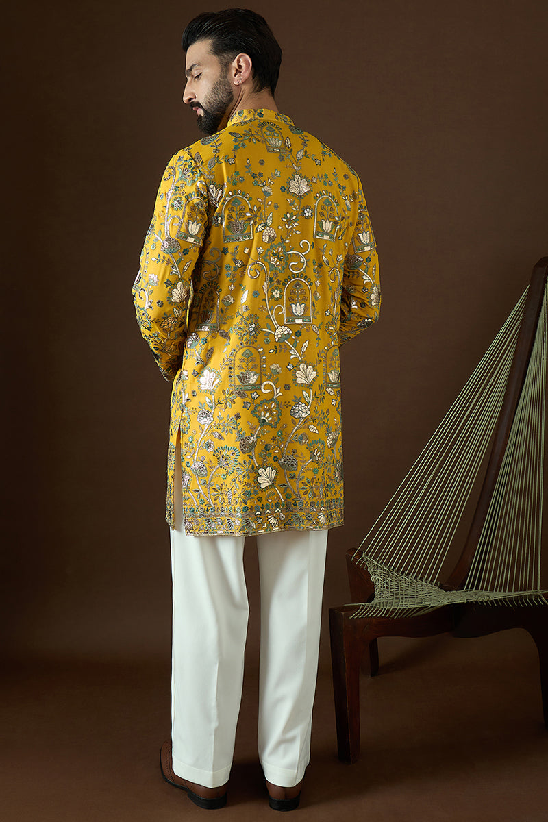Yellow Georgette Solid Embroidered Straight Kurta Sets