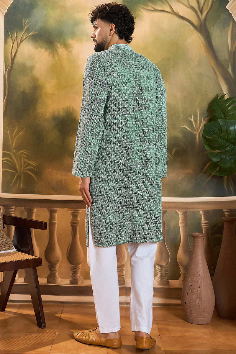 green viscose rayon shibori embroidered straight kurta with trouser