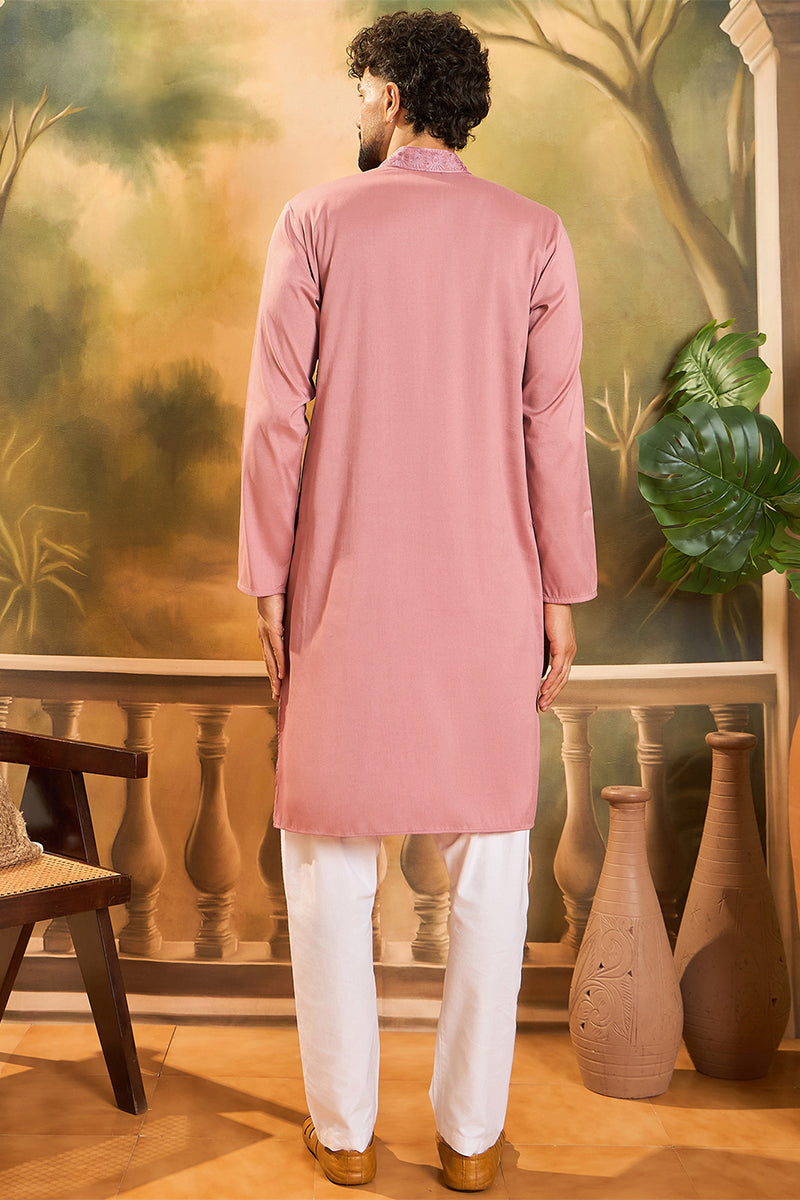 mauve silk blend solid embroidered straight kurta