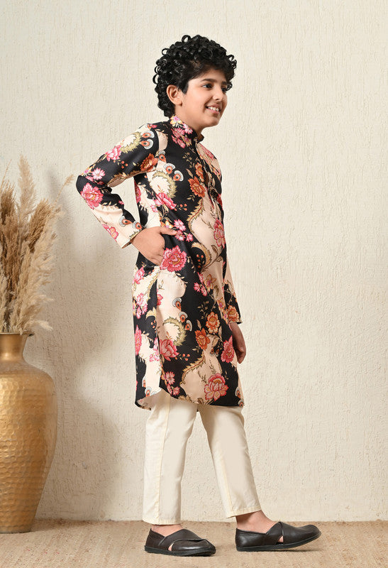 Indi Loom Couture Boys Black Floral Printed Kurta with Off White Pyjama Set ILBKS46