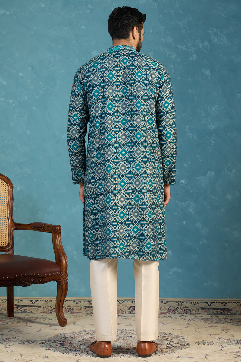 Mens Sea Green Silk Blend Ethnic Motifs Ikat Printed Kurta MKU1893