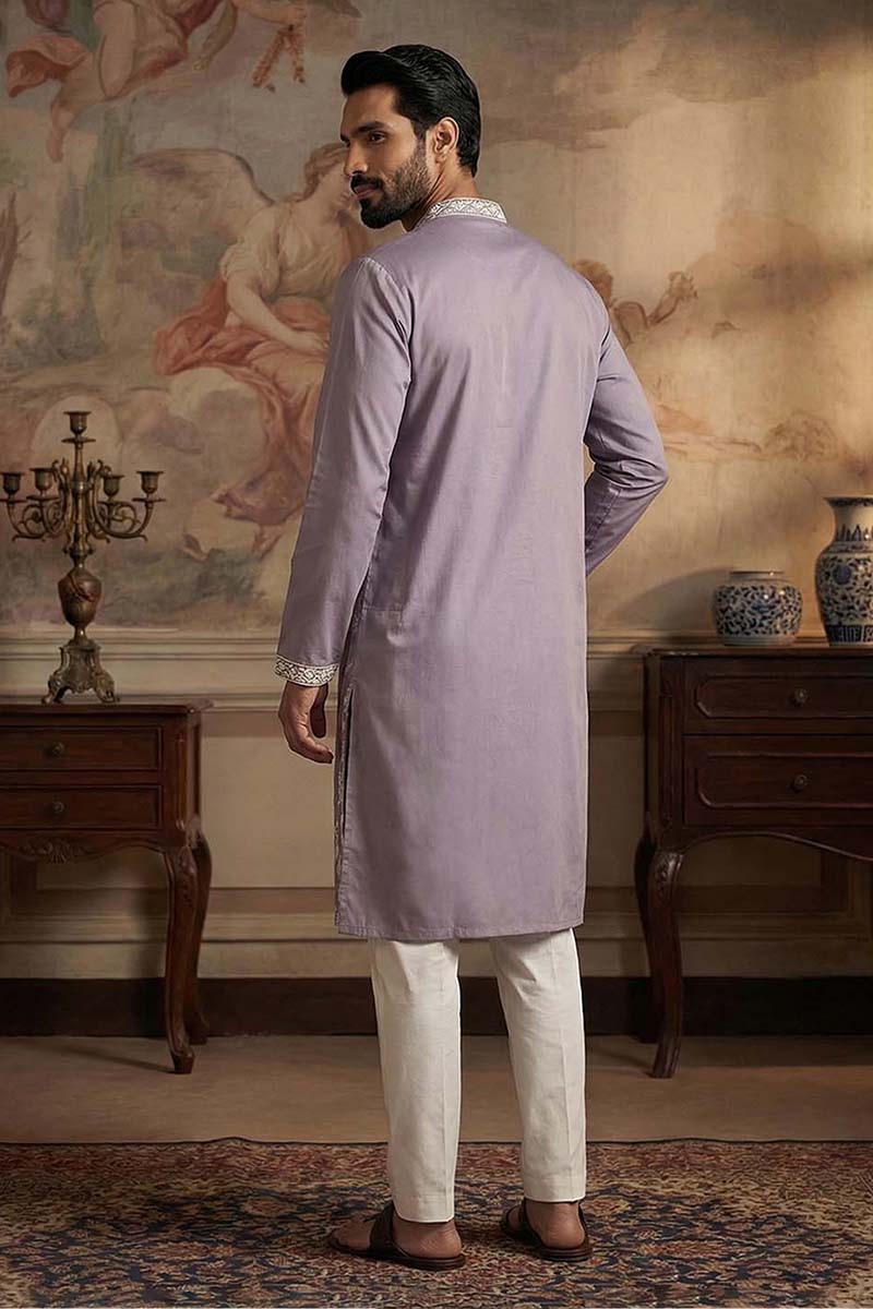 Silk Blend Lavender Solid Embroidered Calf Length Straight Kurta With Trousers MKSET2090