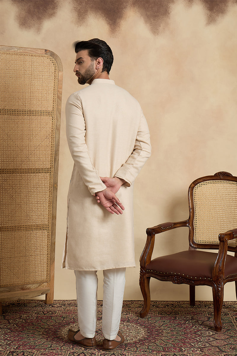 Mens Beige Linen Solid Embroidered Thread Work Kurta MKU2462