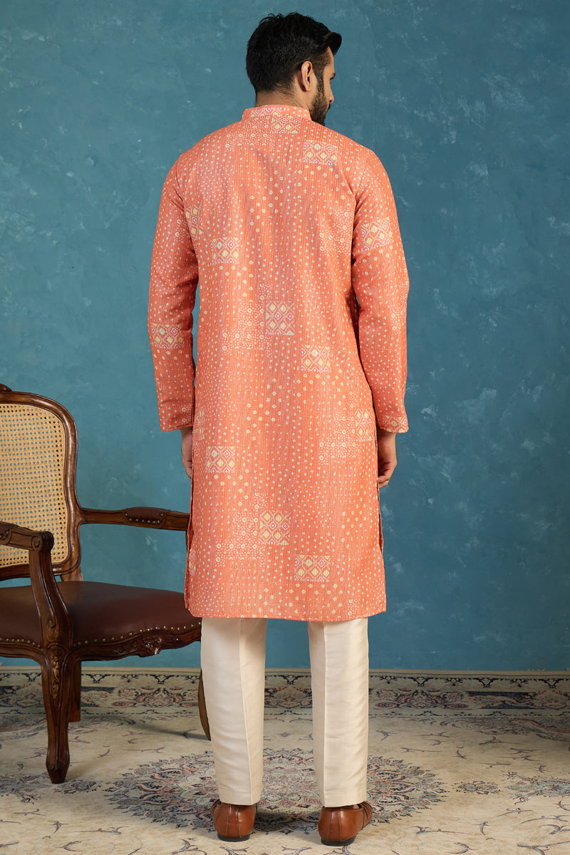 Mens Orange Linen Blend Bandhani Printed Kurta With Trouser MKSET2638