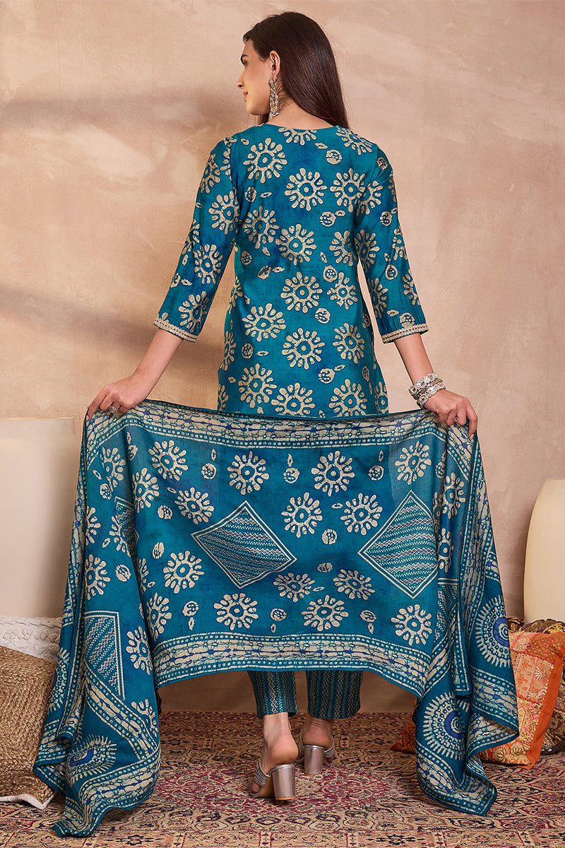 blue rayon blend floral printed straight kurta trouser with dupatta 