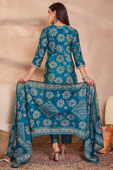 blue rayon blend floral printed straight kurta trouser with dupatta 