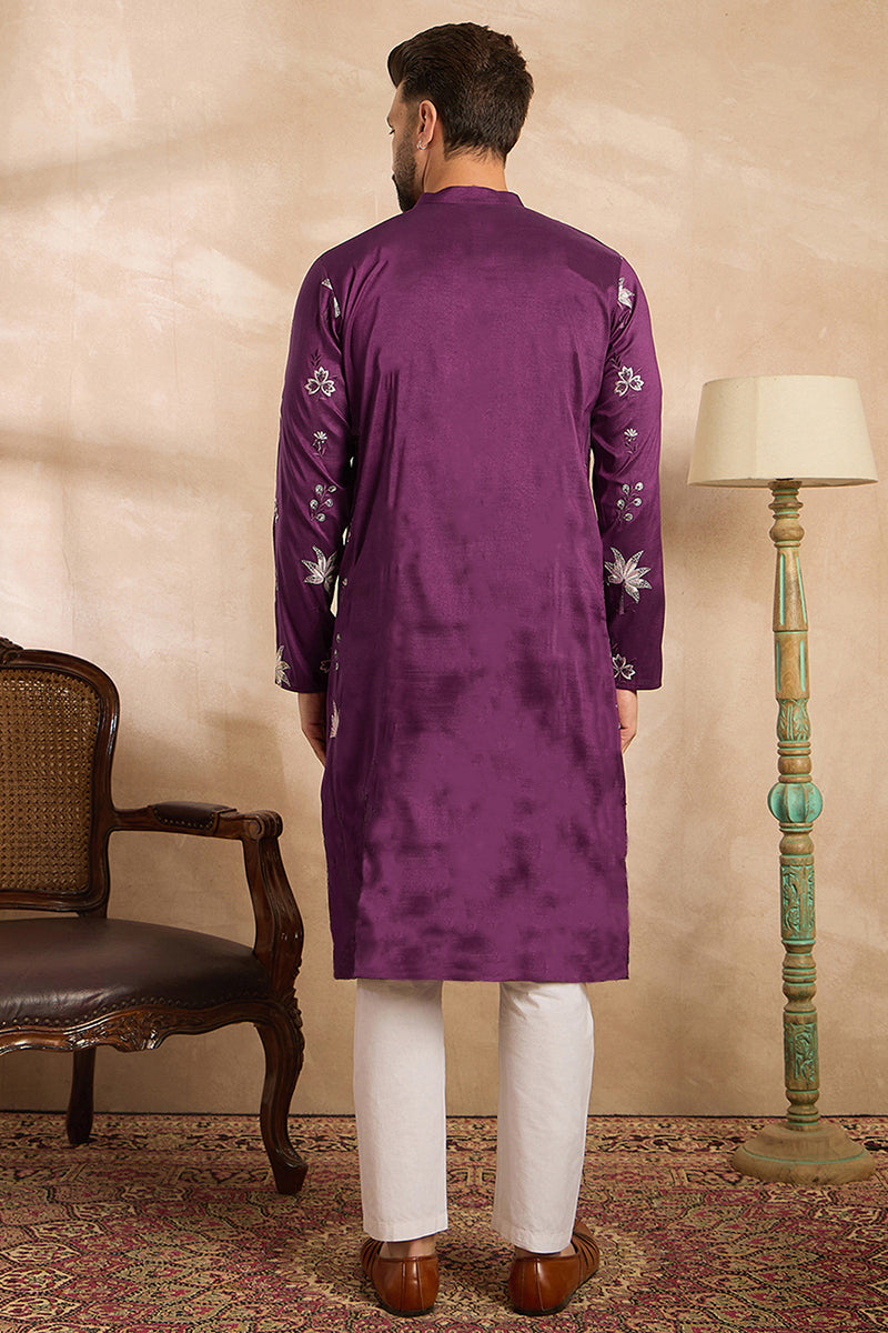Purple Polyester Solid Embroidered Straight Kurta With Trouser MKSET1834