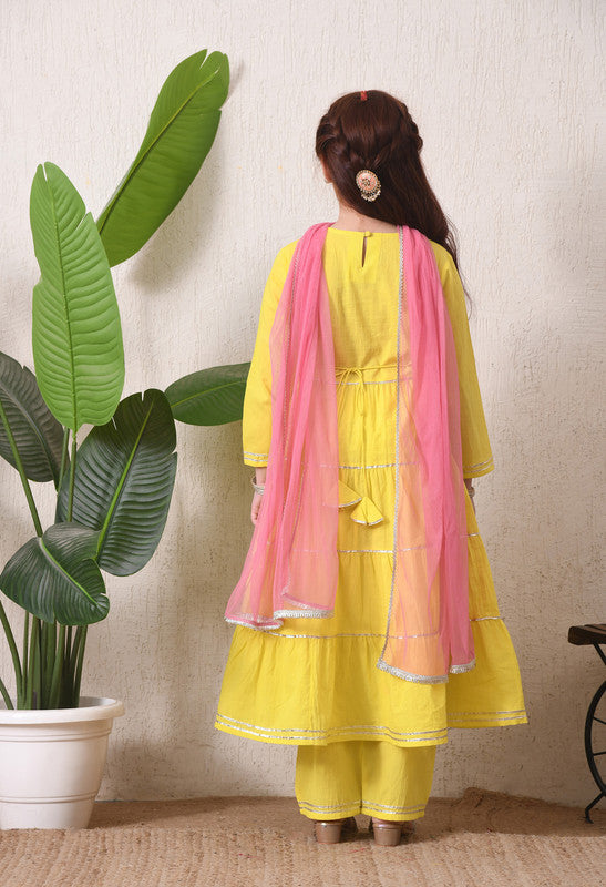 Indi Loom Couture Girls Lime Green Embroidered Tiered Kurta with Pants & Dupatta Set ILKSD74