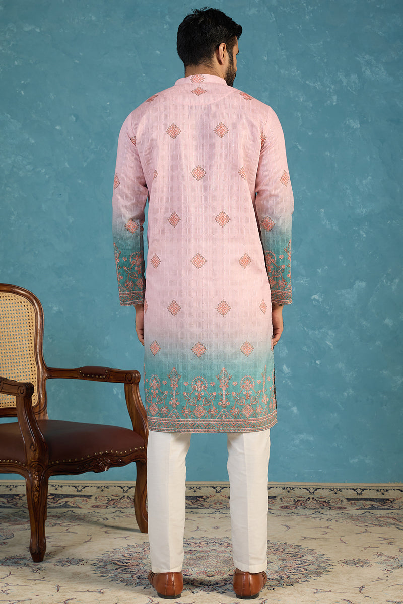 Mens Peach Silk Blend Woven Design Calf Length Straight Regular Kurta MKU2348