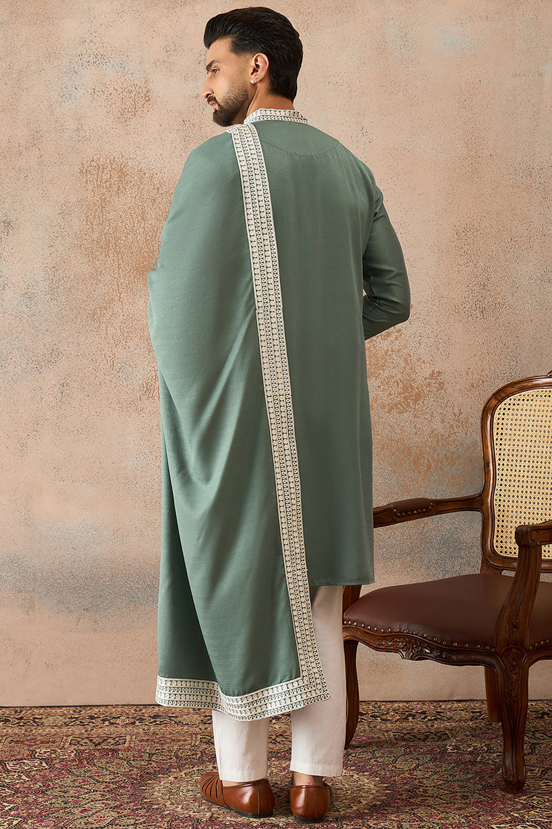 Mens Green Silk Blend Solid Embroidered Kurta Trouser With Dupatta MKPD1040