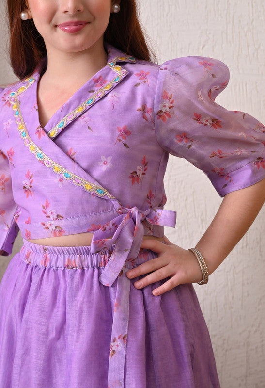Indi Loom Couture Girls Lavender Printed Wrap Top with Flared Ethnic Skirt Co Ord Set ILLC49