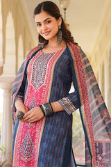 blue rayon blend ethnic motifs printed straight kurta trouser with dupatta 