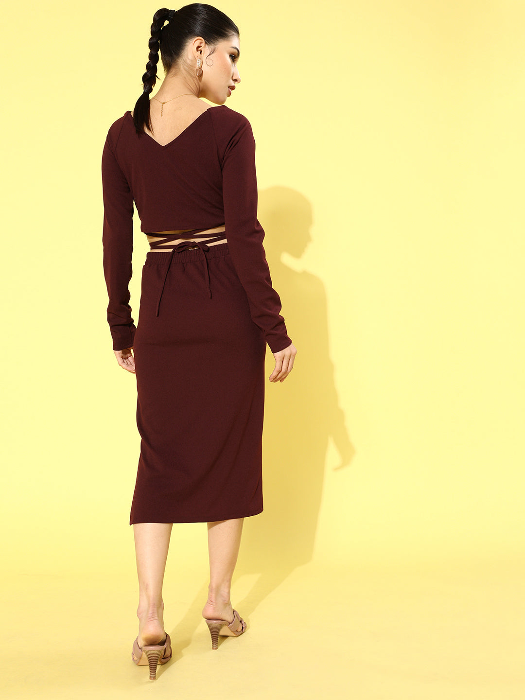 athena maroon crop wrap waist tie up top