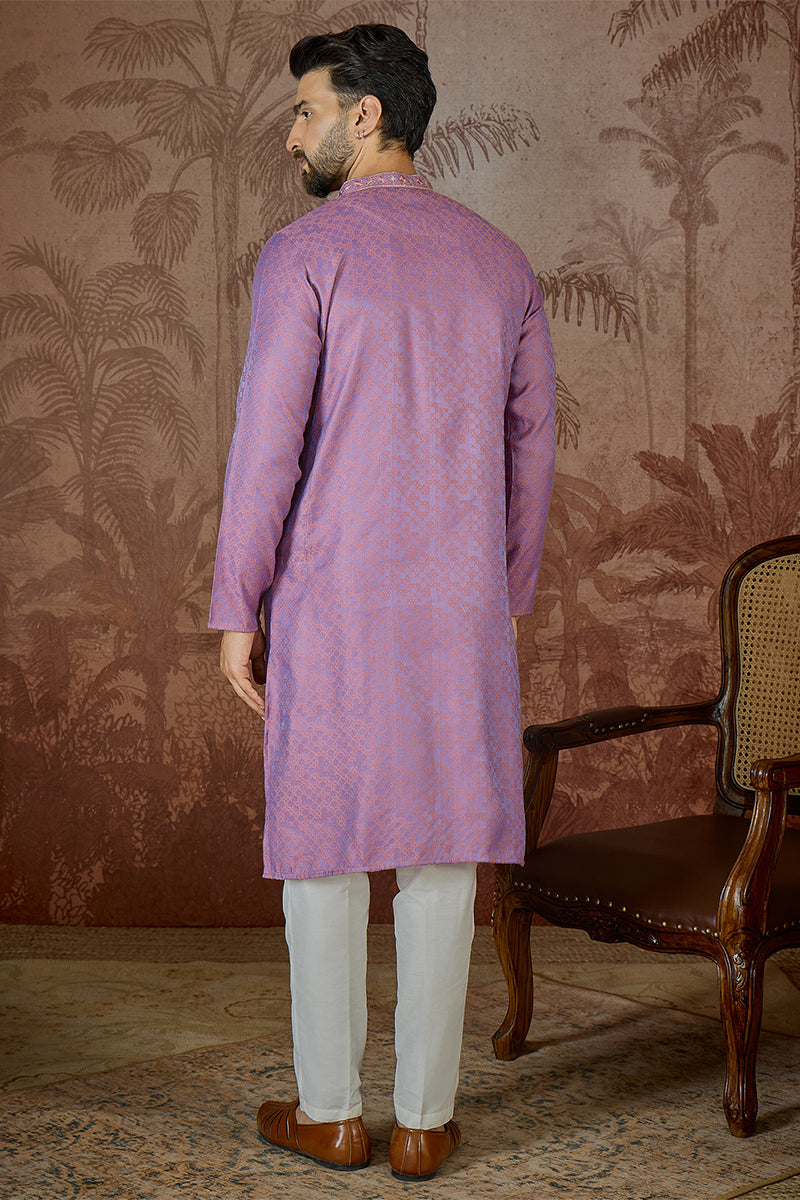Mens Purple Jacquard Geometric Embroidered Kurta