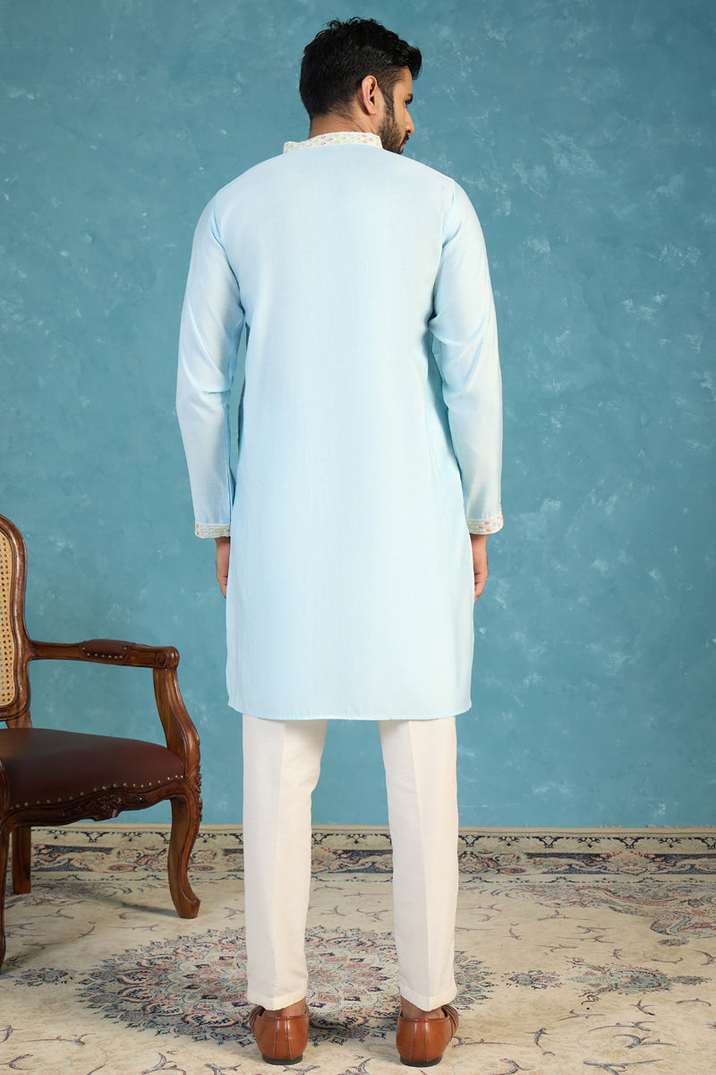 Silk Blend Blue Solid Embroidered Calf Length Straight Kurta With Trousers MKSET2141
