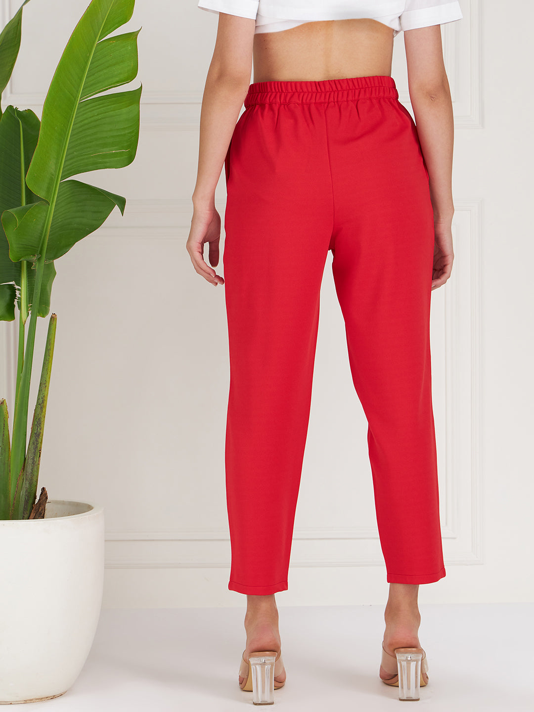 athena women red relaxed straight fit trousers