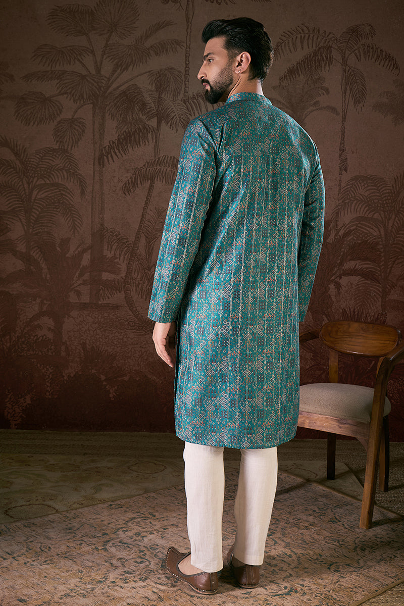 Blue Silk Blend Ethnic Motifs Printed Straight Kurta With Trouser MKSET1906