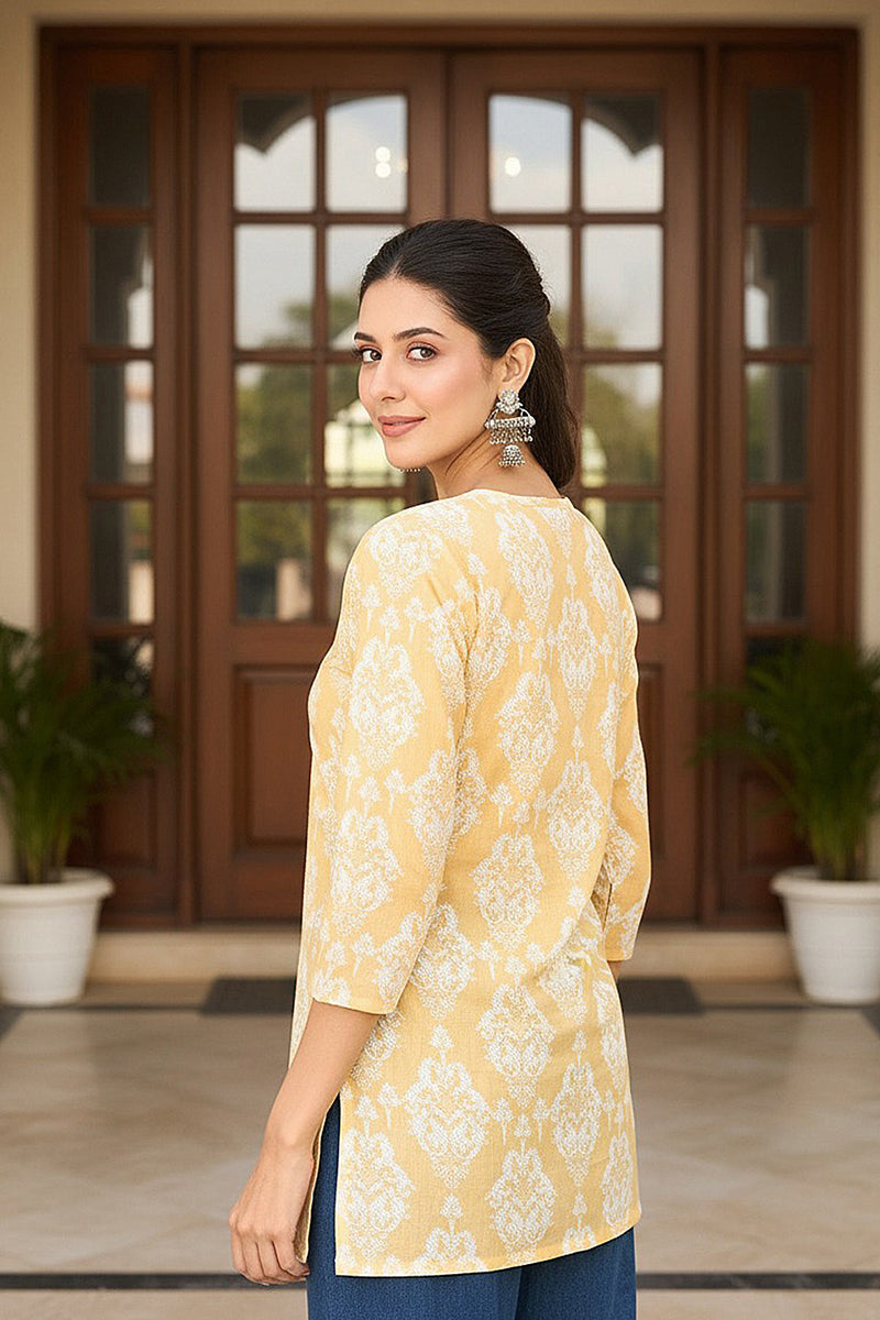 yellow cotton blend ethnic motifs printed regular top 