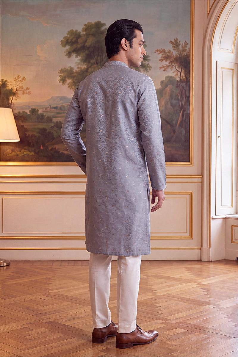 Mens Grey Jacquard Ethnic Motifs Woven Design Kurta MKU2642
