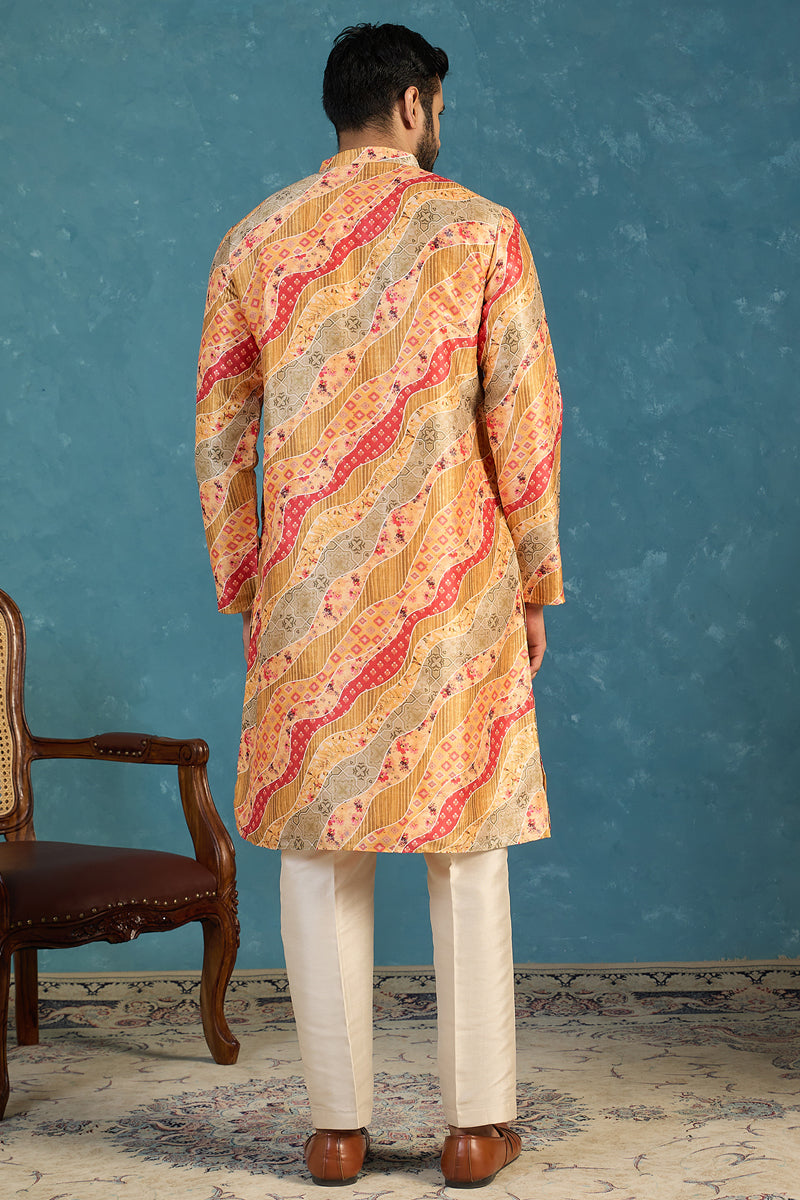Yellow Silk Blend Printed Straight Kurta With Trousers MKSET2168