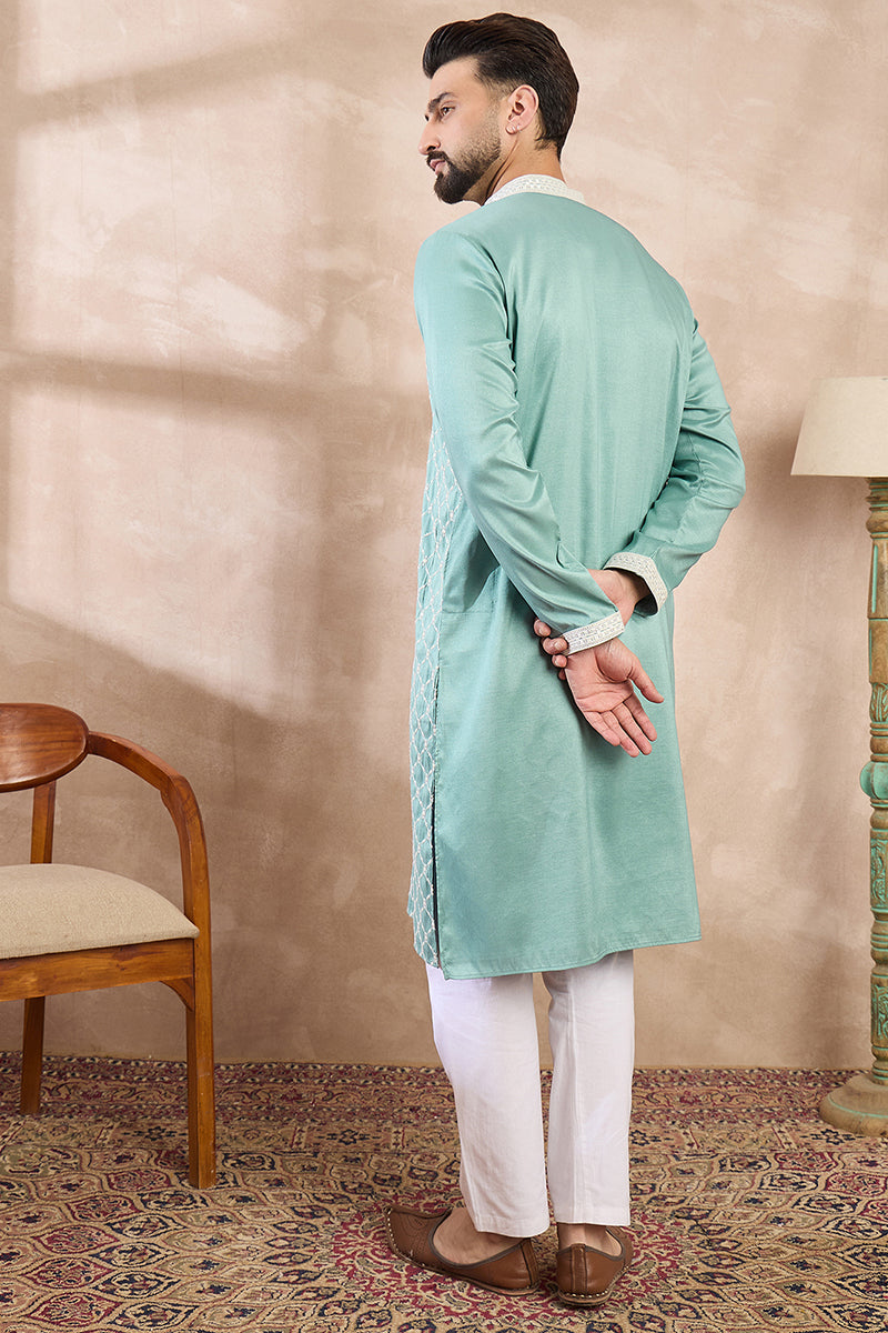 Teal Silk Blend Geometric Embroidered Straight Kurta With Trouser MKSET1693