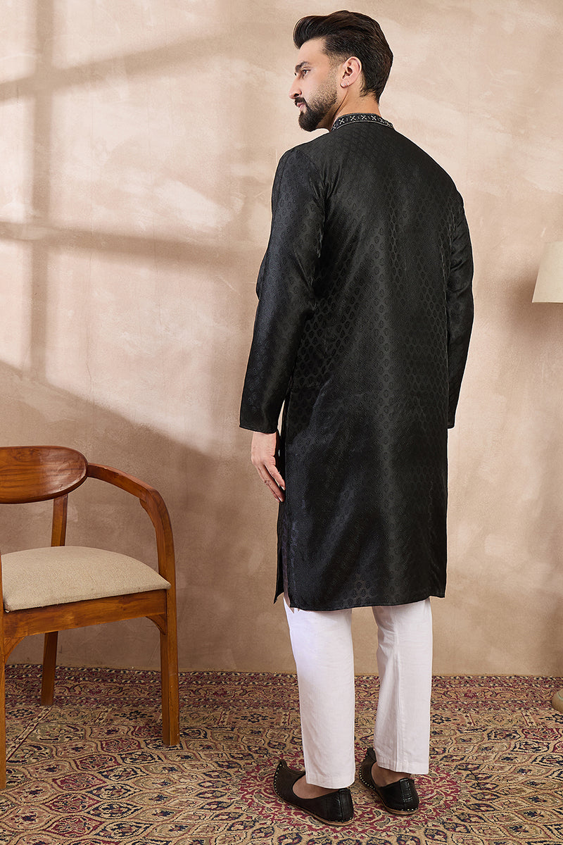 Black Silk Blend Solid Woven Design Straight Kurta