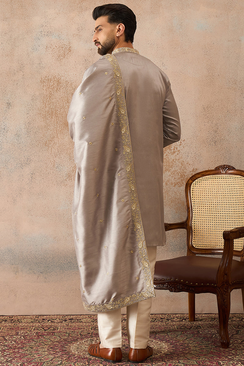 Men Grey Silk Blend Embroidered Ethnic Kurta with Dupatta MKUD1044