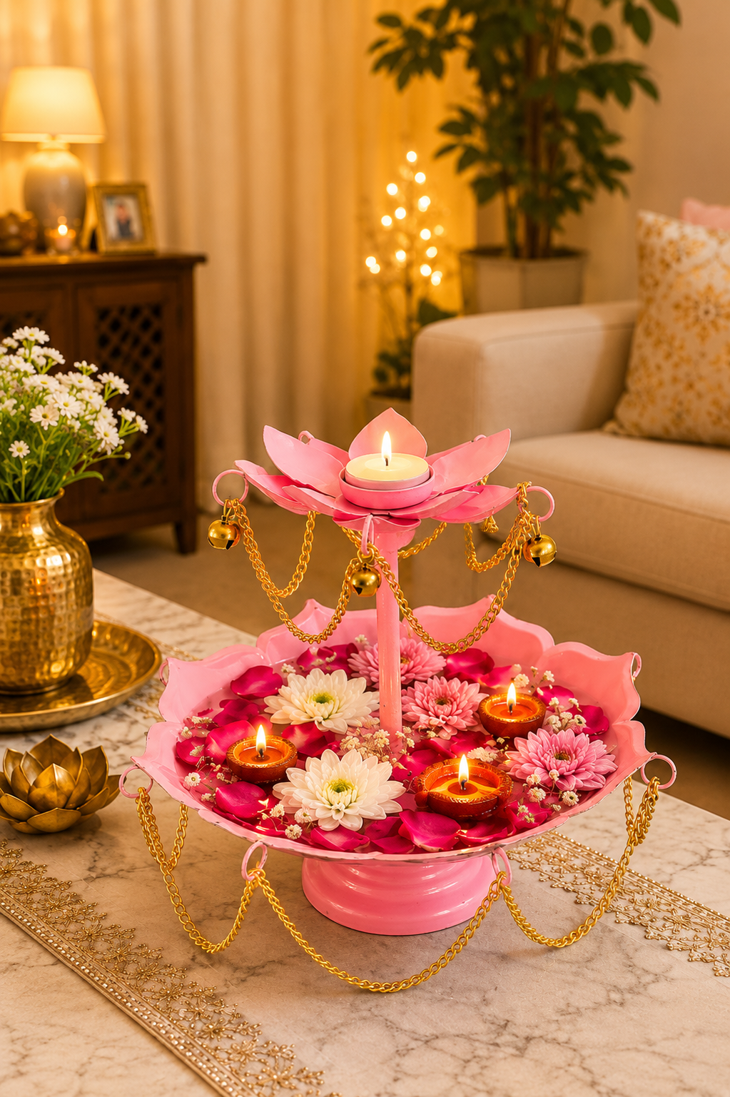pink metal urli bowl with diya stand hanging chain design for floating flowers candles decorative centerpiece for diwali wedding home decor festive gifting