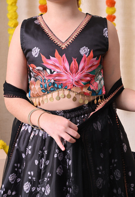 Girls Black Floral Printed Lehenga Choli with Dupatta Set ILLCD35