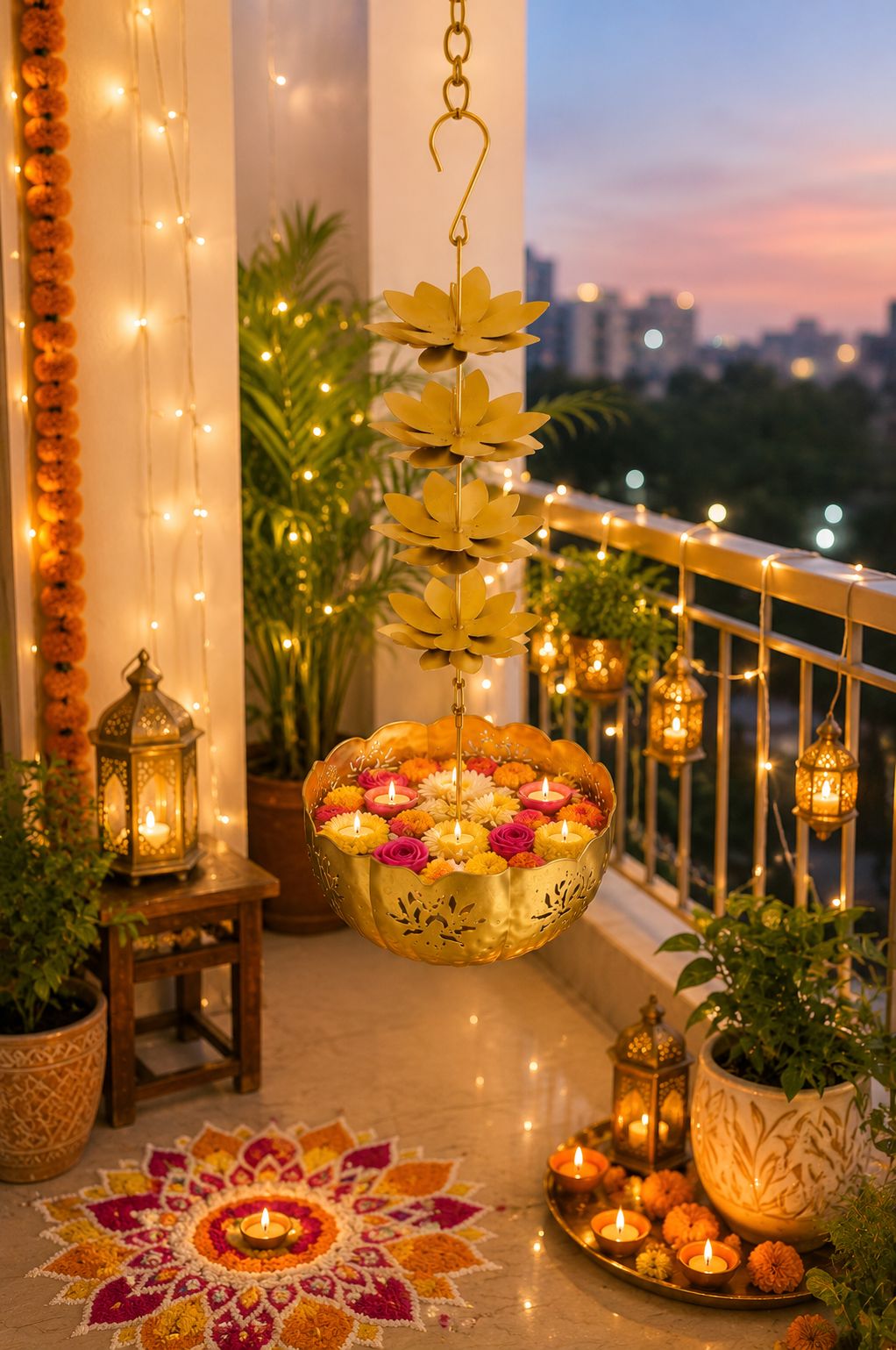 premium hanging lotus urli bowl decorative metal hanging flower urli for floating flowers water candles traditional hanging urli for diwali pooja wedding home decoration