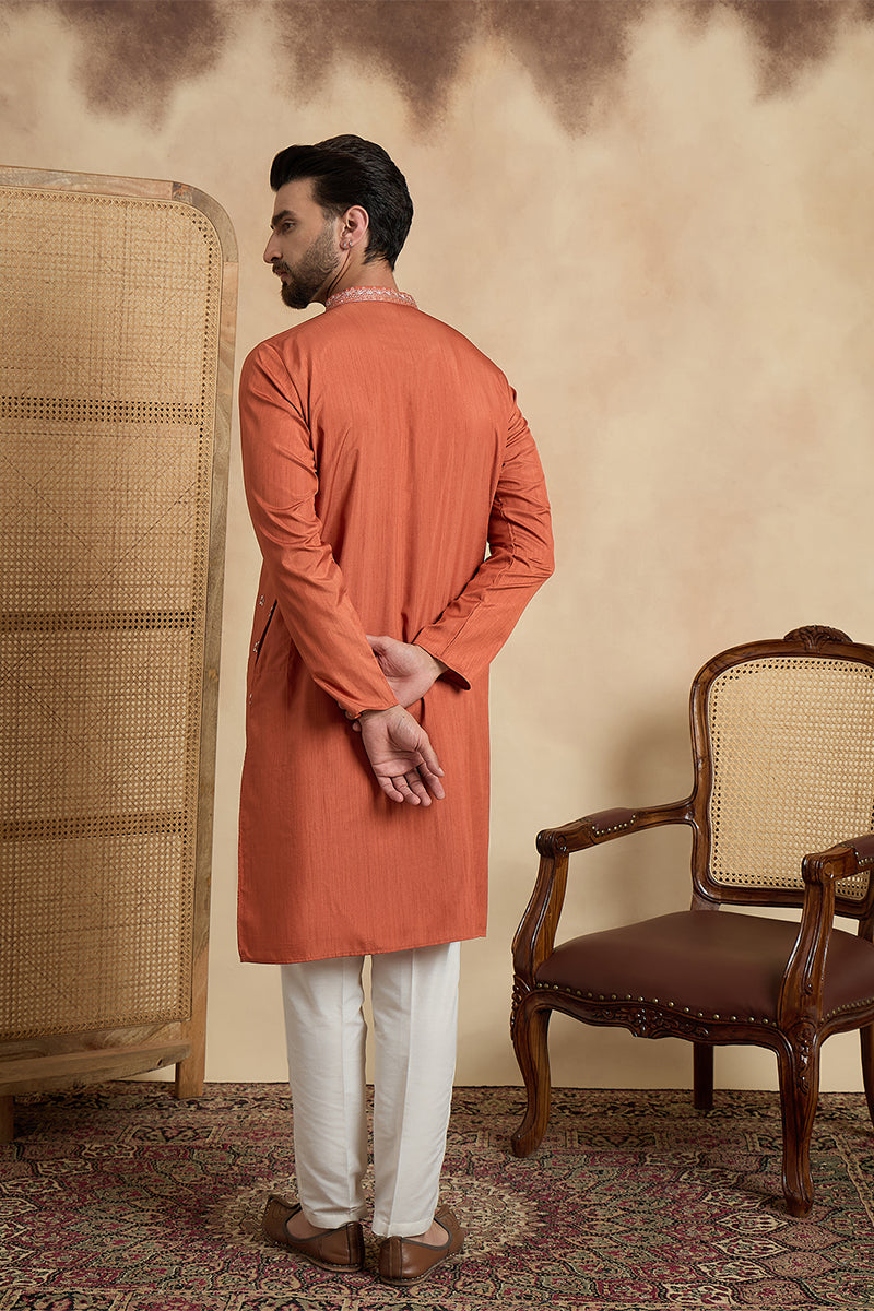 Mens Orange Silk Blend Solid Embroidered Straight Kurta With Trouser MKSET2524