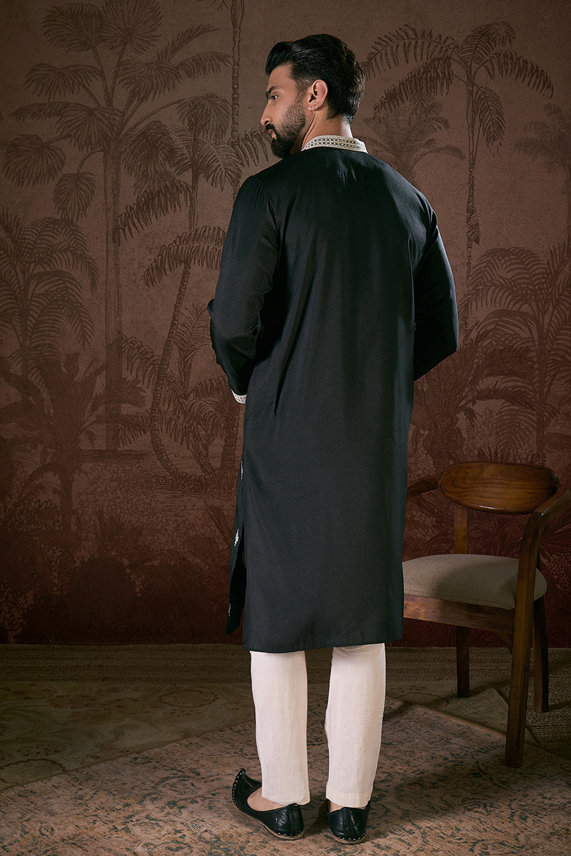 Black Silk Blend Solid Embroidered Straight Kurta MKU1883