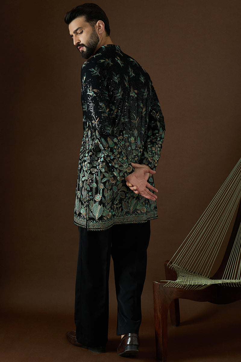 Black Silk Blend Solid Embroidered Straight Kurta Sets MKSET1876