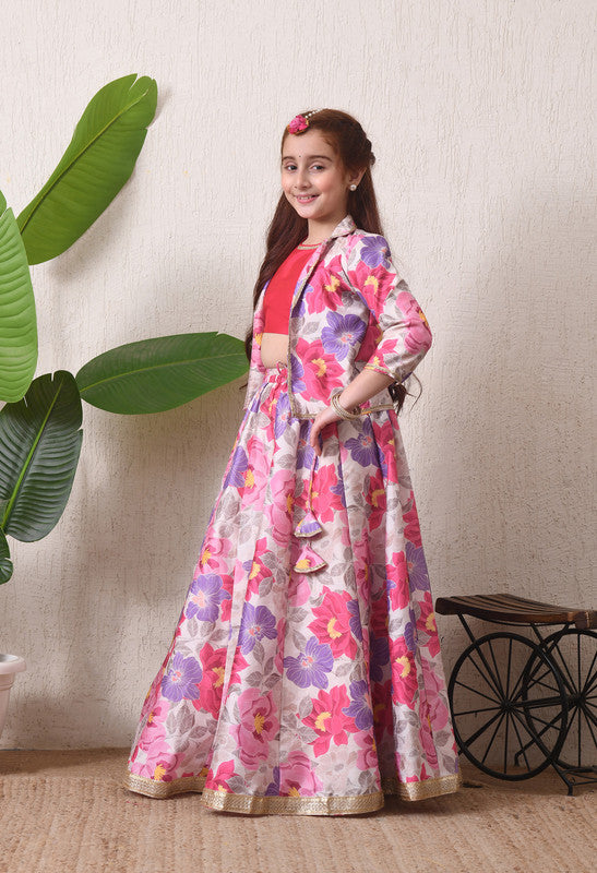 Indi Loom Couture Girls Pink Floral Printed Crop Top with Jacket & Flared Skirt Co Ord Set ILLCJ47