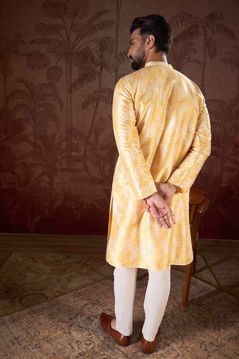 Yellow Silk Blend Floral Printed Straight Kurta With Trouser MKSET1937