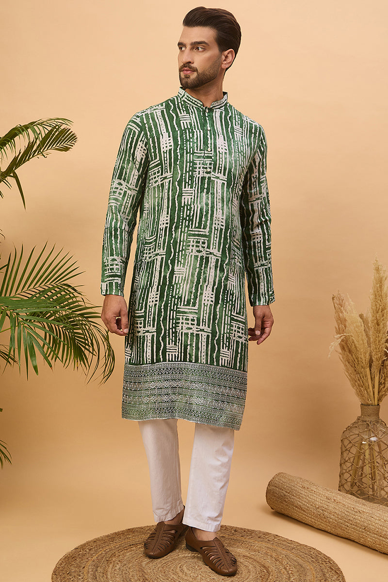 Green Viscose Rayon Batik Embroidered Straight Kurta MKU1500
