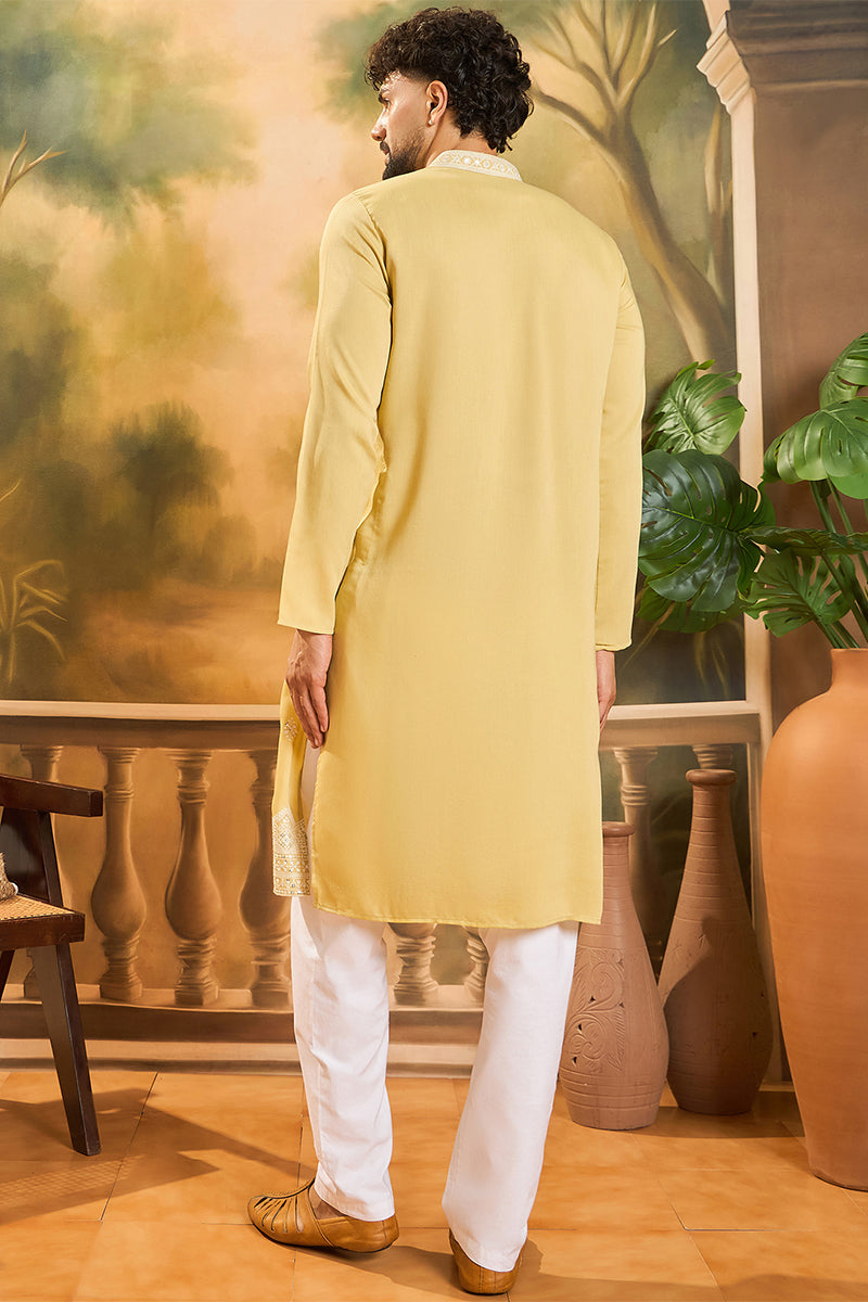 Yellow Silk Solid Embroidered Straight Kurta