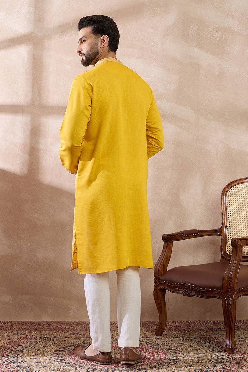 Yellow Silk Blend Embroidered Mandarin Collar Straight Kurta With Trouser MKSET2053