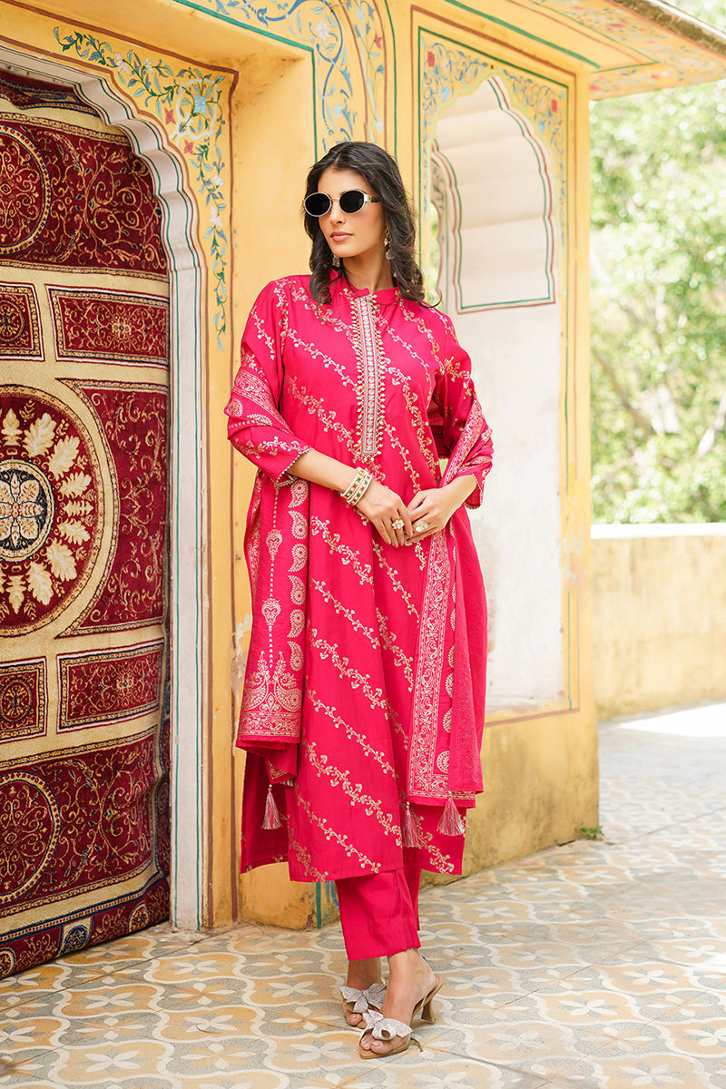 pink silk blend floral printed straight kurta trousers with dupatta