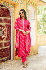pink silk blend floral printed straight kurta trousers with dupatta
