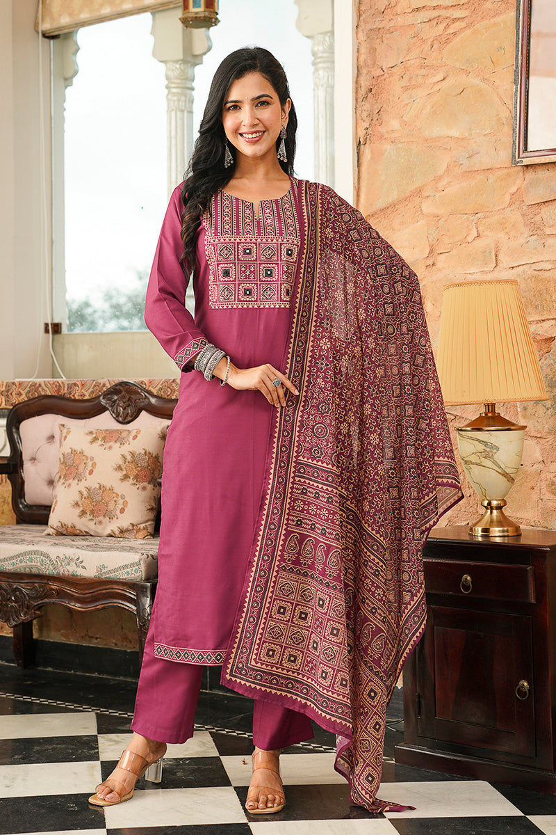 purple rayon blend ajrakh printed straight kurta trousers with dupatta 