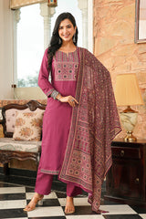 purple rayon blend ajrakh printed straight kurta trousers with dupatta 