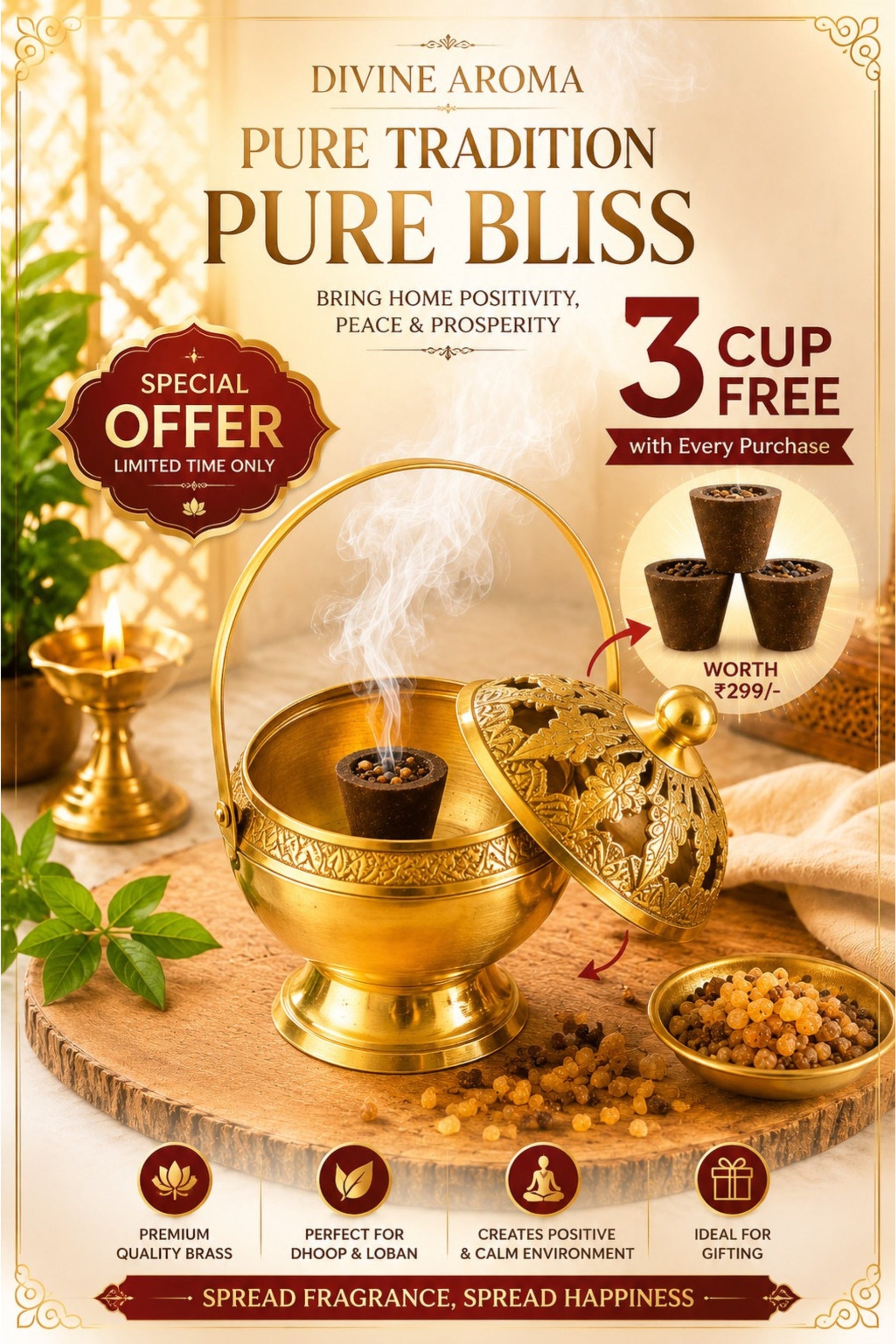 premium brass metal incense burner with handle handcrafted dhoop dani for sambrani loban dhoop cups resin incense decorative smoke diffuser for home temple pooja room