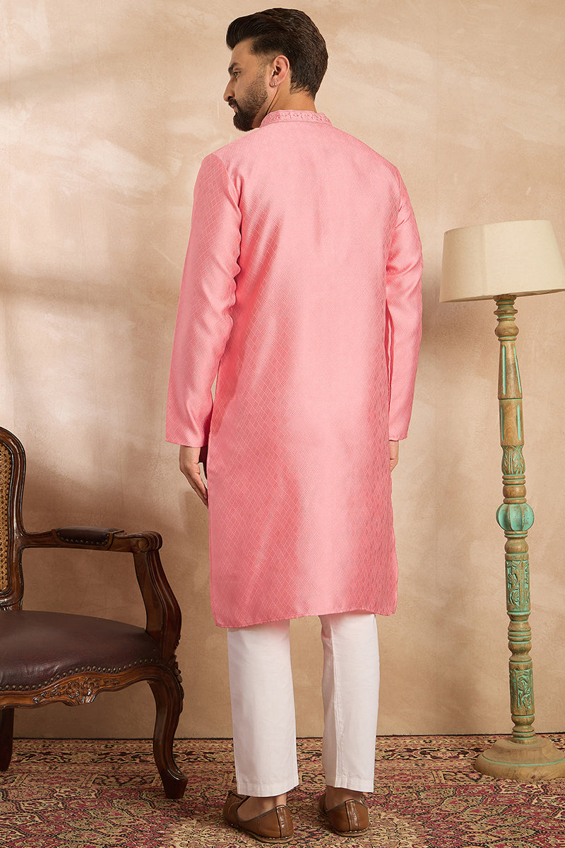 Pink Polyester Solid Embroidered Straight Kurta With Trouser MKSET1842